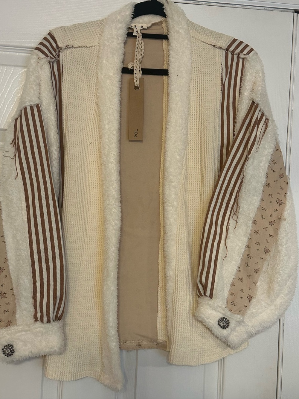 POL Cream Mixed-Texture Teddy Jacket with Brown Striped Sleeves